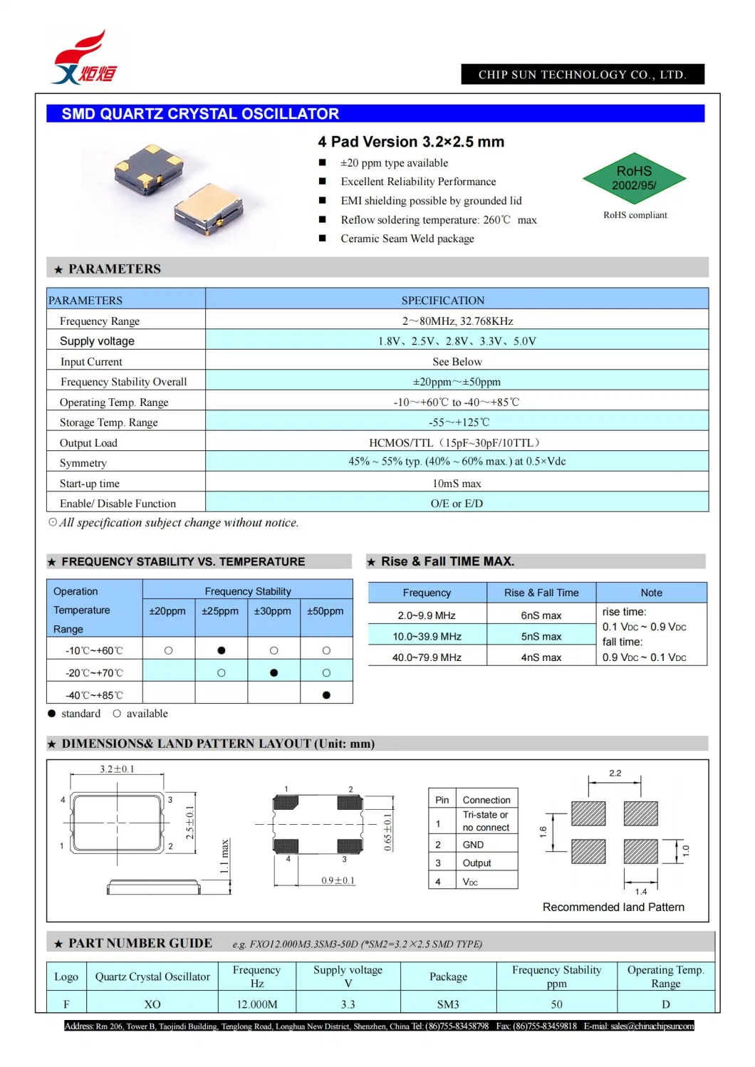 Chip Sun Manufacturer of 3.2*2.5mm Osc-SMD3225 32.768kHz 50MHz 1.8V 3.3V Hcmos Quartz Crystal Oscillator